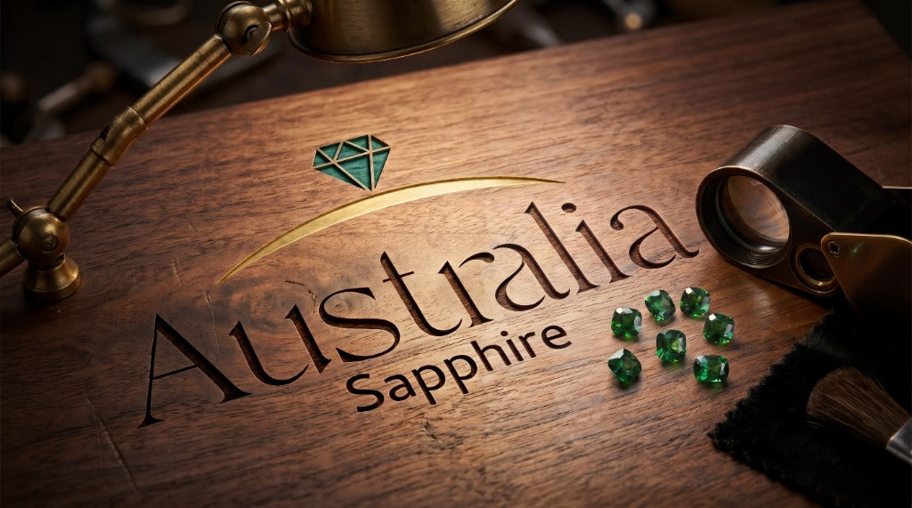 Australia Sapphire brand logo engraved on a custom wood workbench with round green sapphire gemstones
