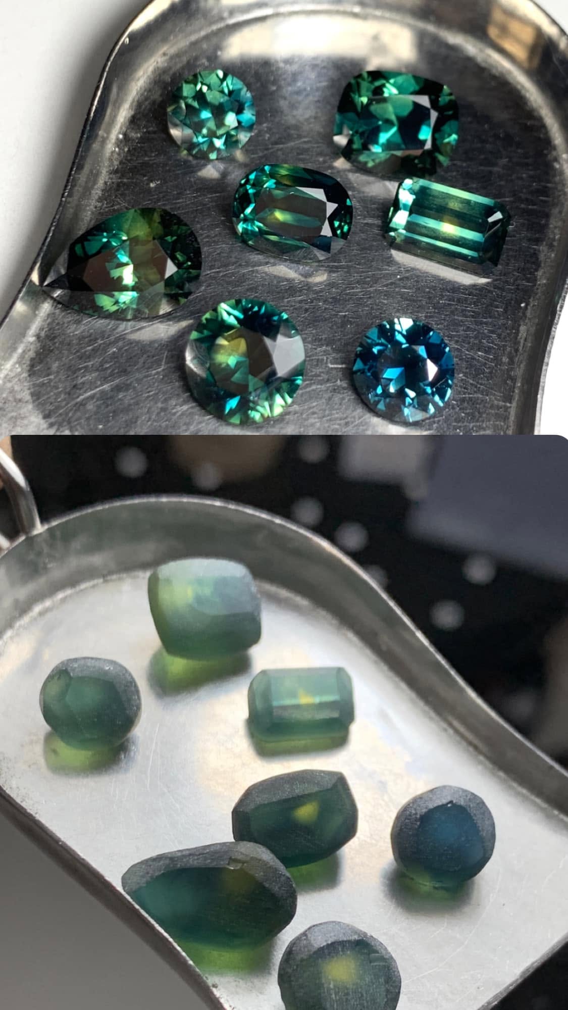 Two photographs showing shaped sapphire preforms and polished blue-green sapphires in assorted cuts on metal trays.